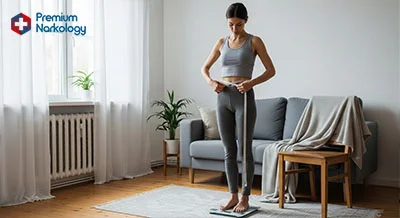 Девушка меряет свою талию сантиметровой лентой